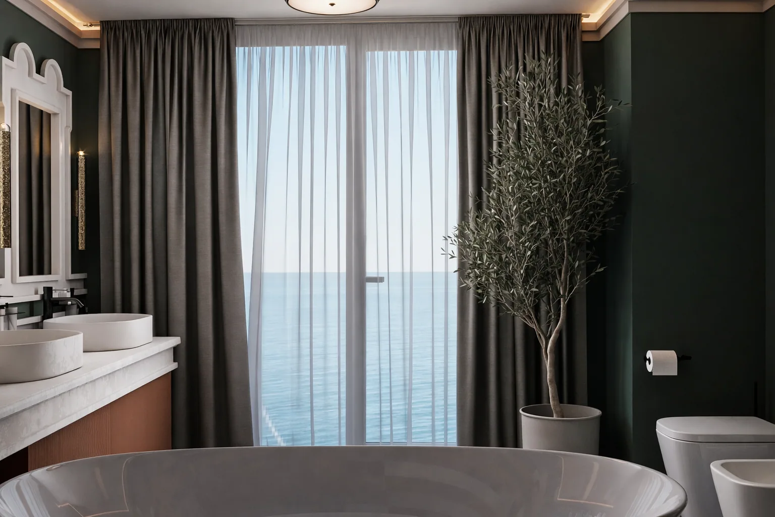 Bathroom overlooking the Adriatic through full-height glazing