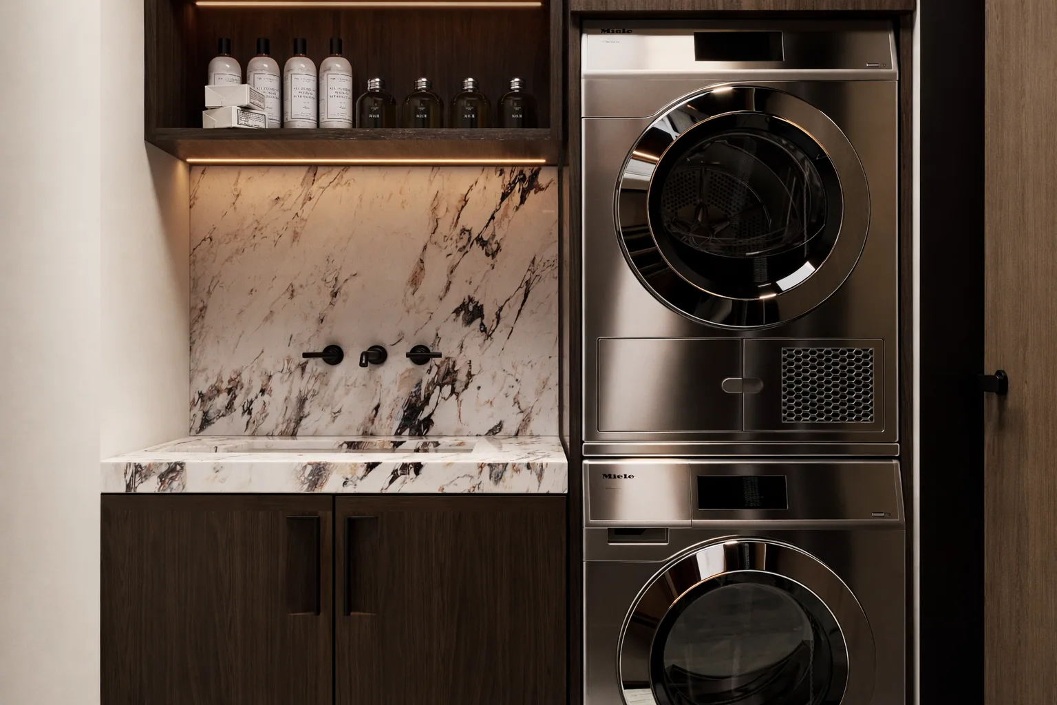Laundry room with stacked appliances and stone worktop