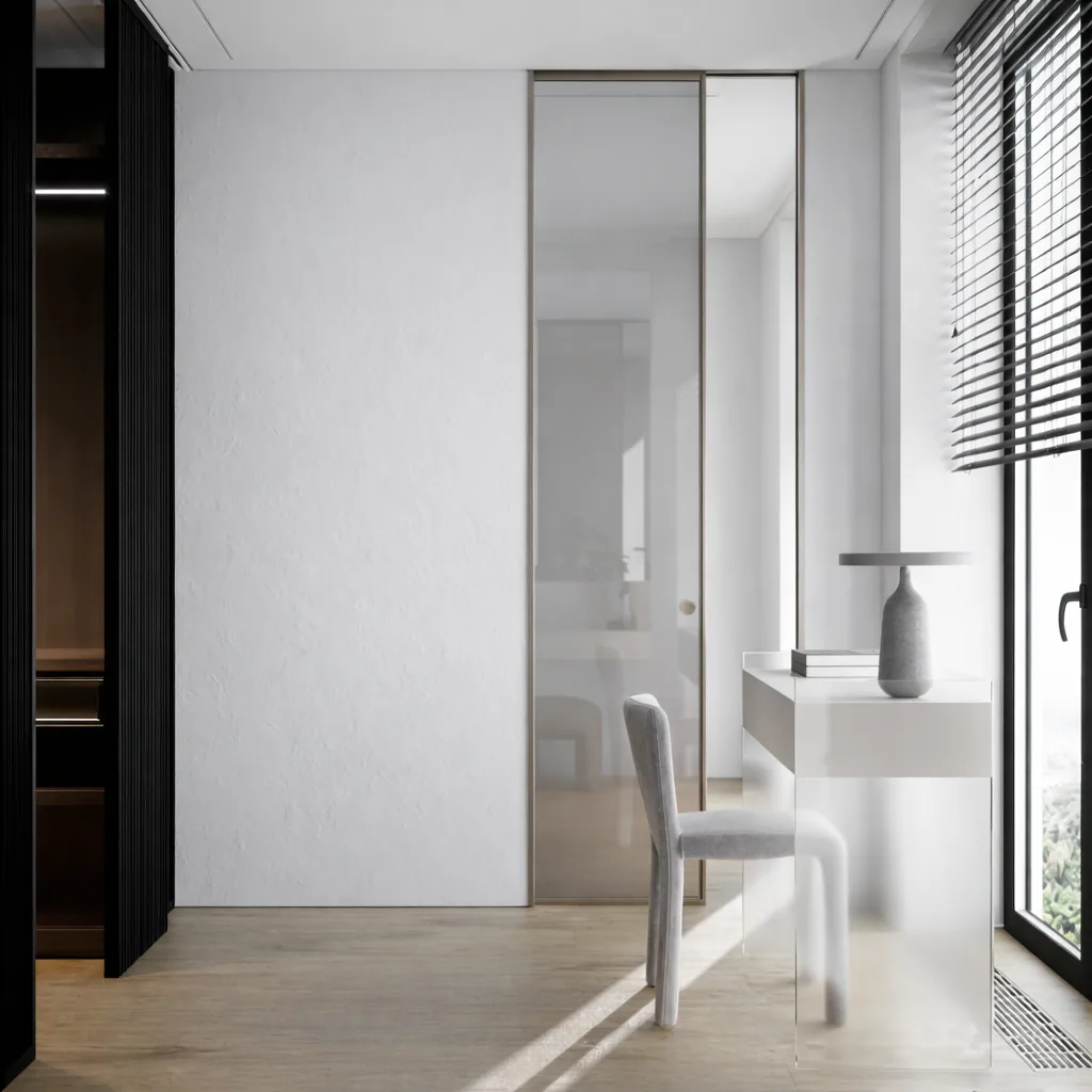 Bedroom threshold with a lightweight white chair and dark wardrobe wall