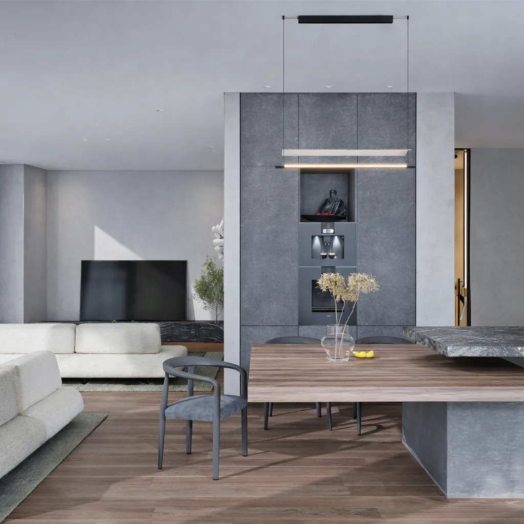 Living room composition with a stone dining table, media wall, and fine pendant lights