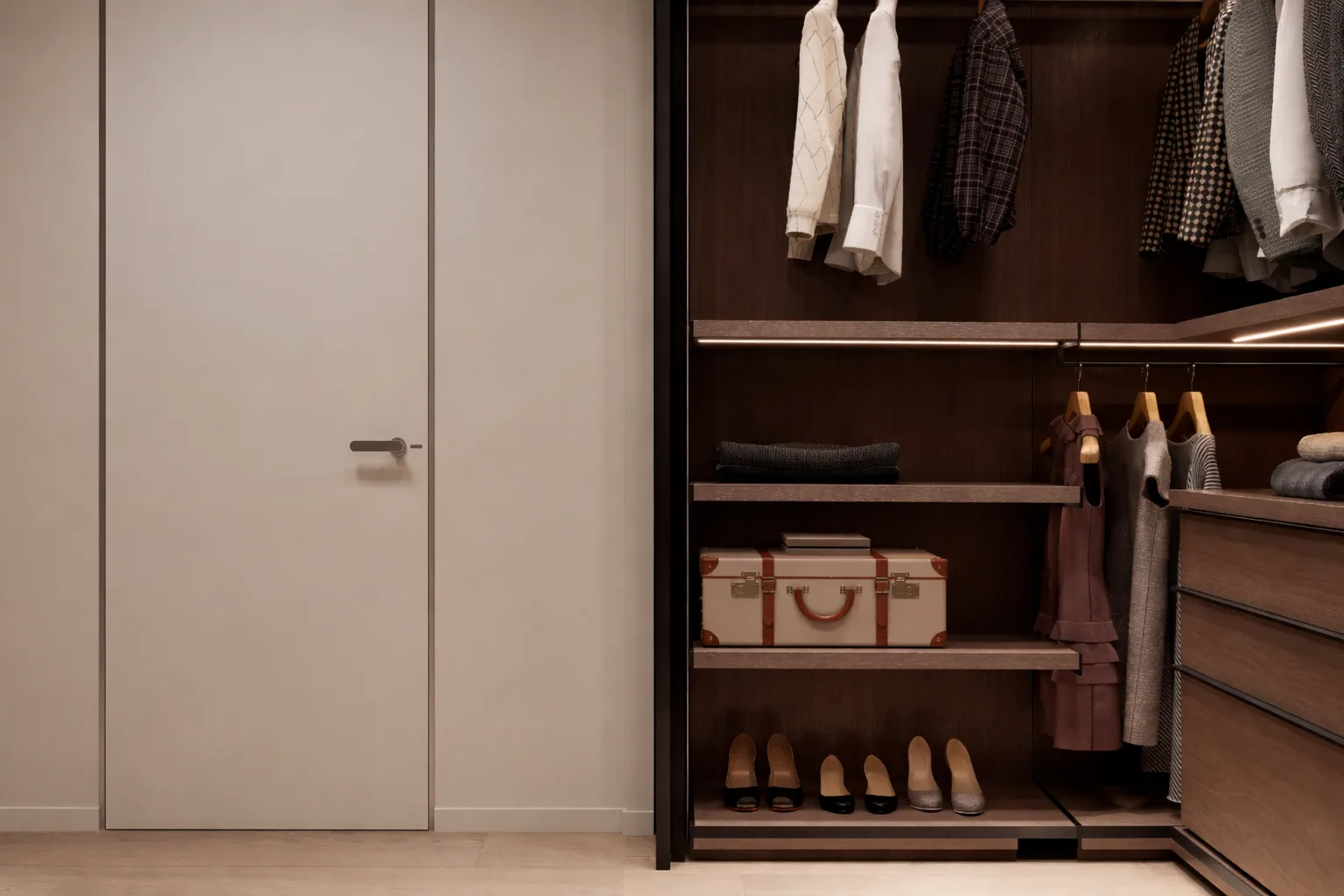 Open wardrobe with organised shelving and concealed storage