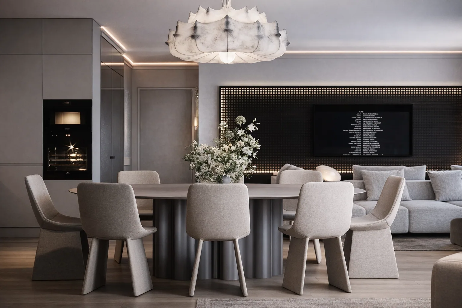 Dining group and living room framed by dark curtains and warm linear light