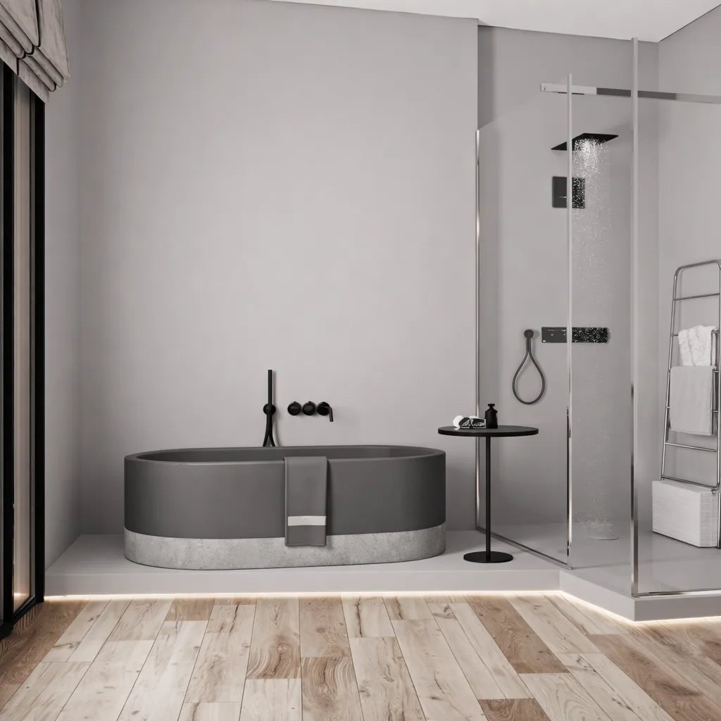 Primary bathroom with a round bath, open shower, and pale timber floor