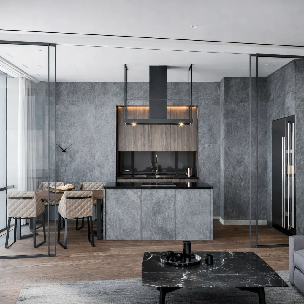 Dark stone kitchen composition with a suspended glass display and dining table