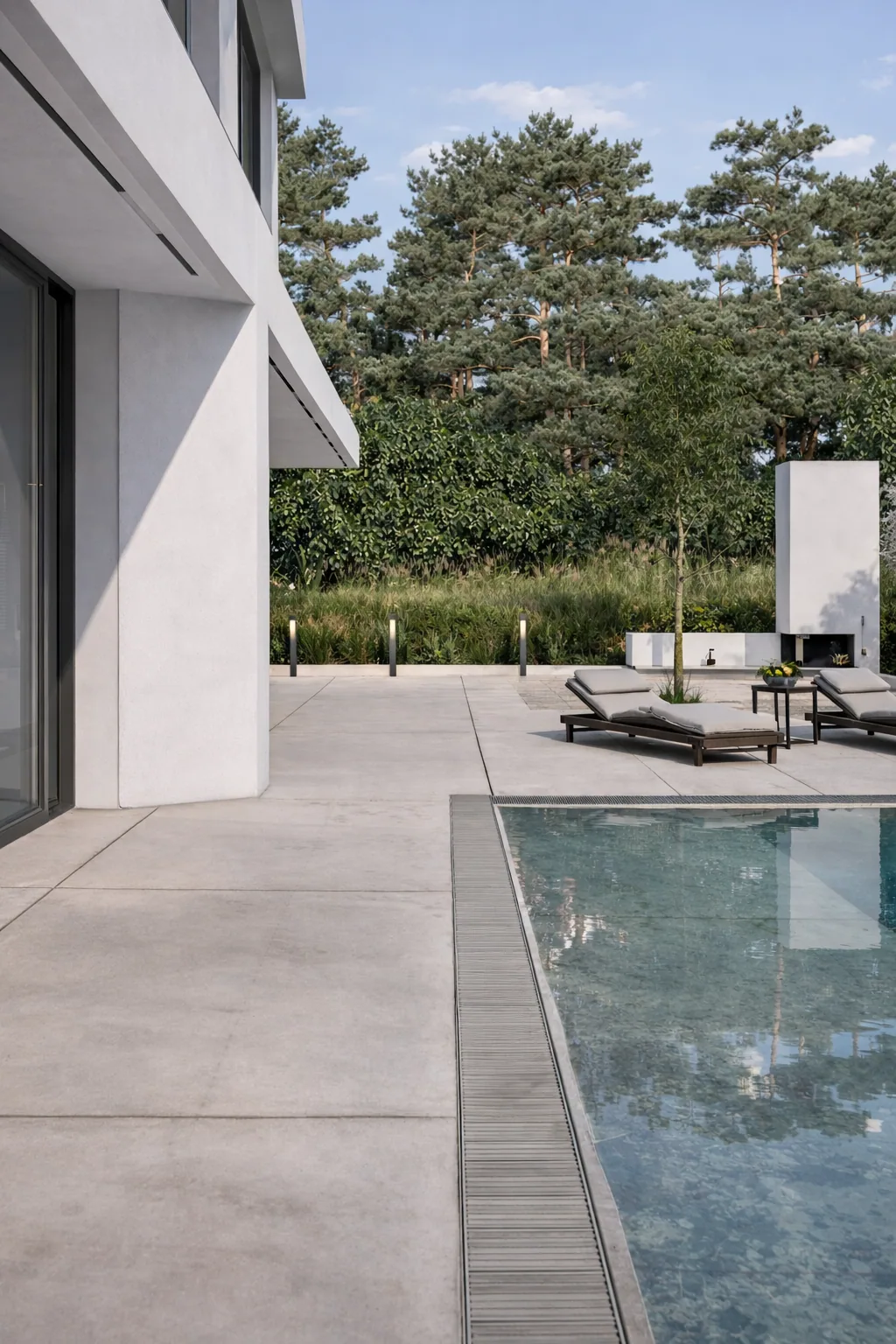 Pool terrace of Kromka Bora House framed by white architecture and pine trees