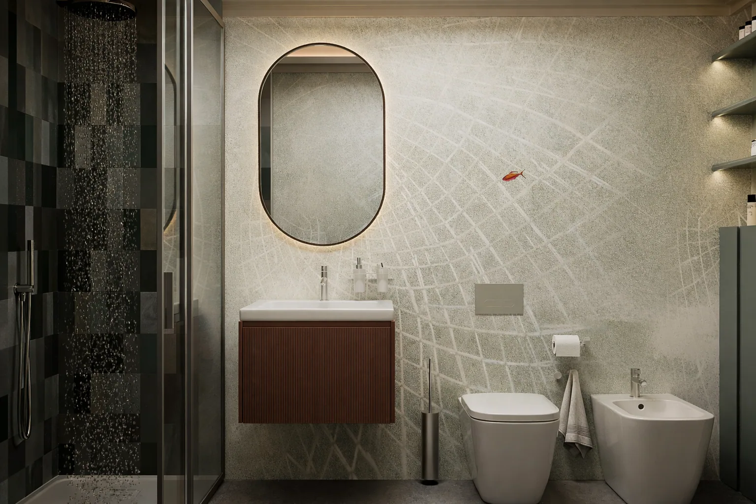 Guest bathroom with an arched mirror and pale patterned tiles