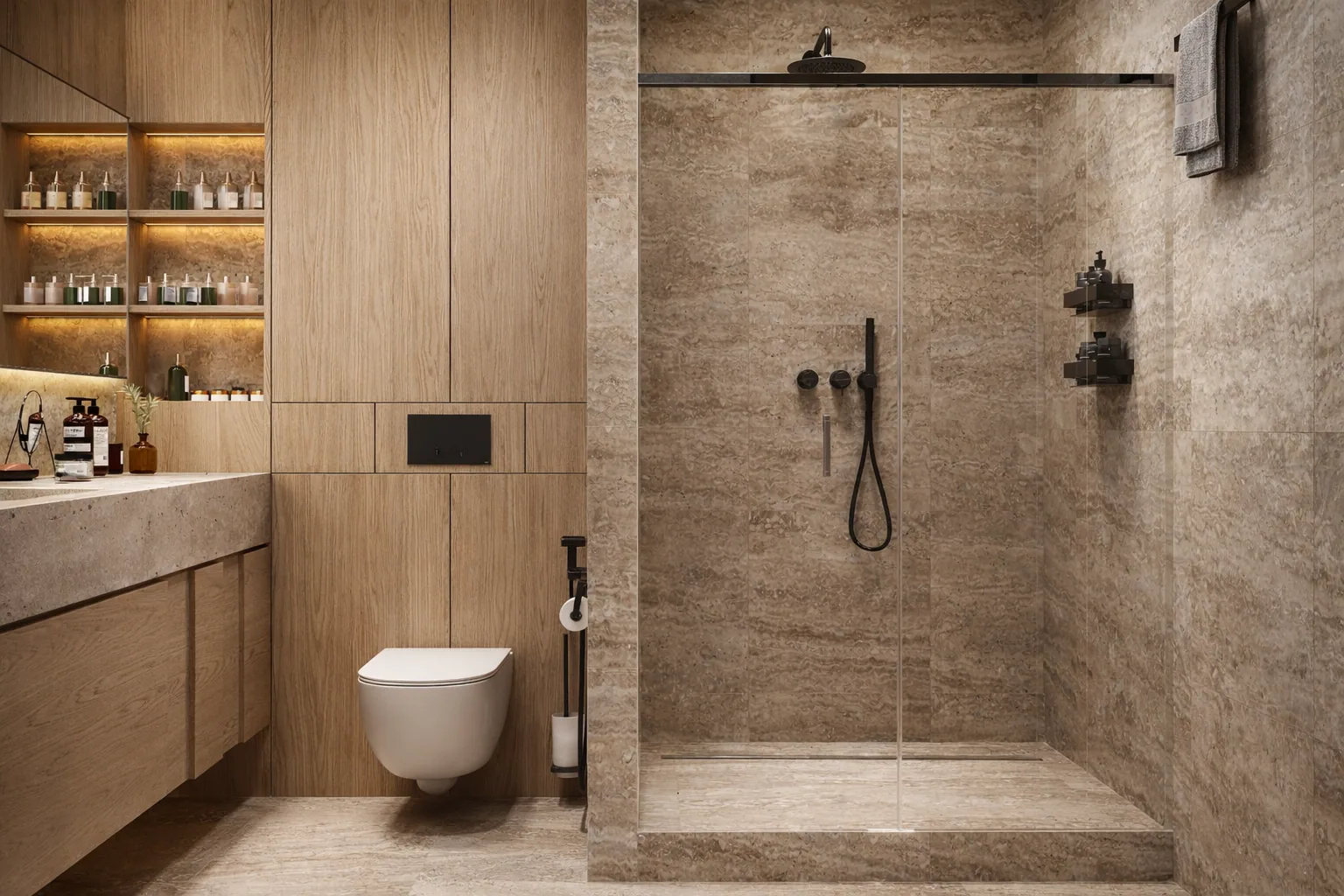 Stone-lined shower room with integrated timber storage