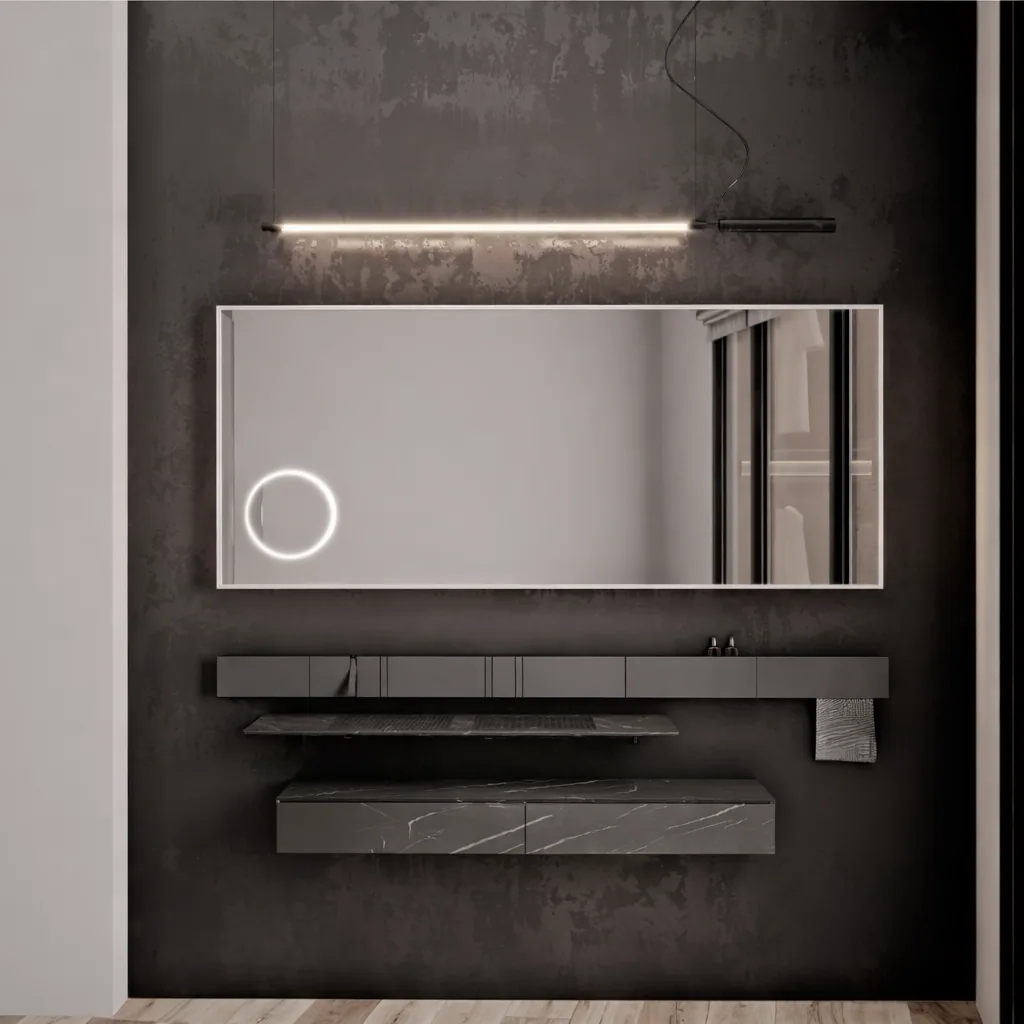Close view of the floating dark vanity and round mirror