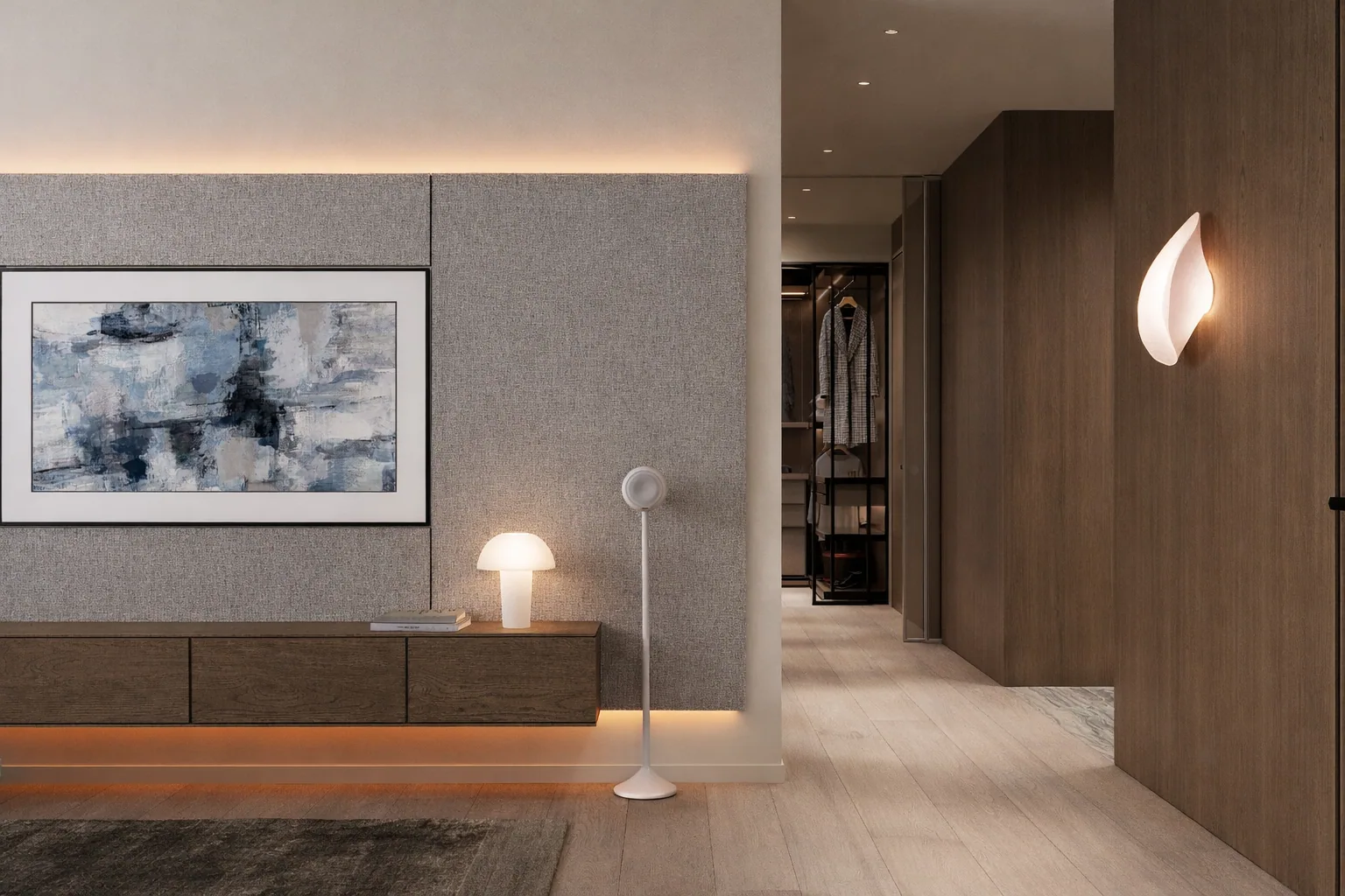 Living room transition framed by a continuous timber wall and local lighting