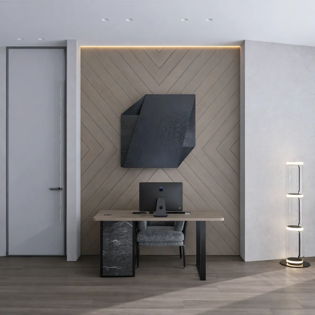 Compact work area with a sculptural black wall cabinet and stone desk