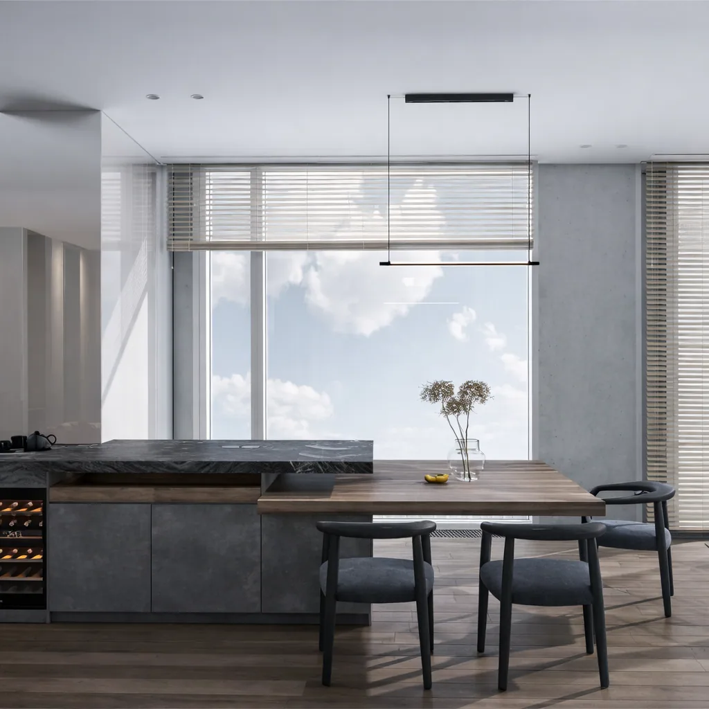 Dining table beside the kitchen island with the Moscow skyline beyond the windows