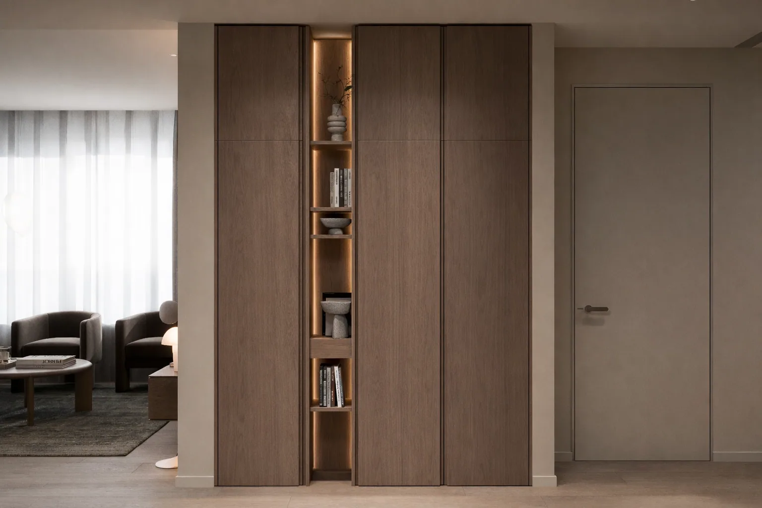 Timber-panelled corridor with a narrow illuminated display niche