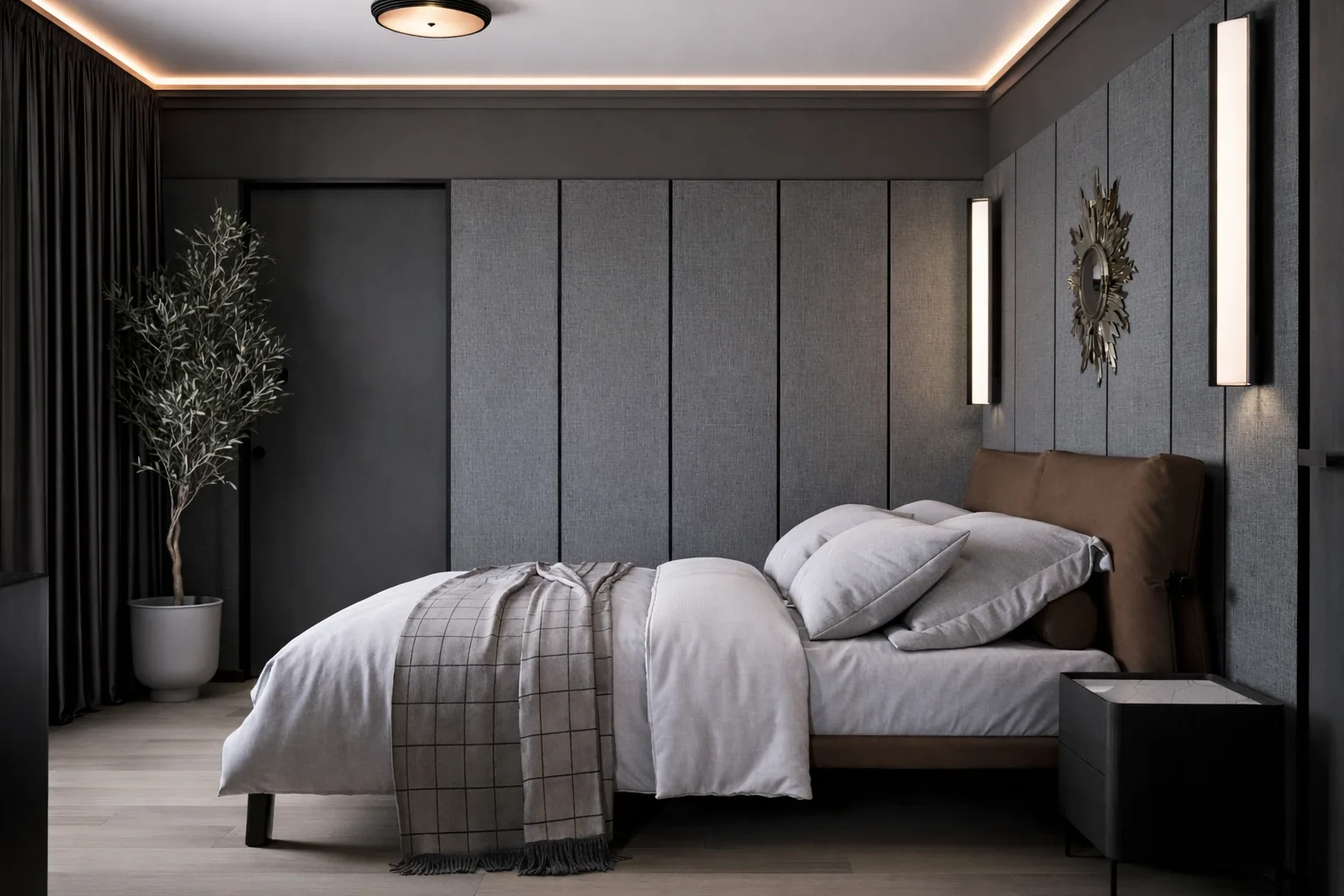 Layered grey bed against a composed panelled headboard wall