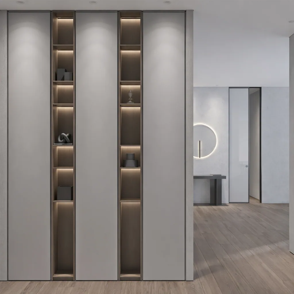 Tall illuminated storage niches set into the apartment’s pale wall planes