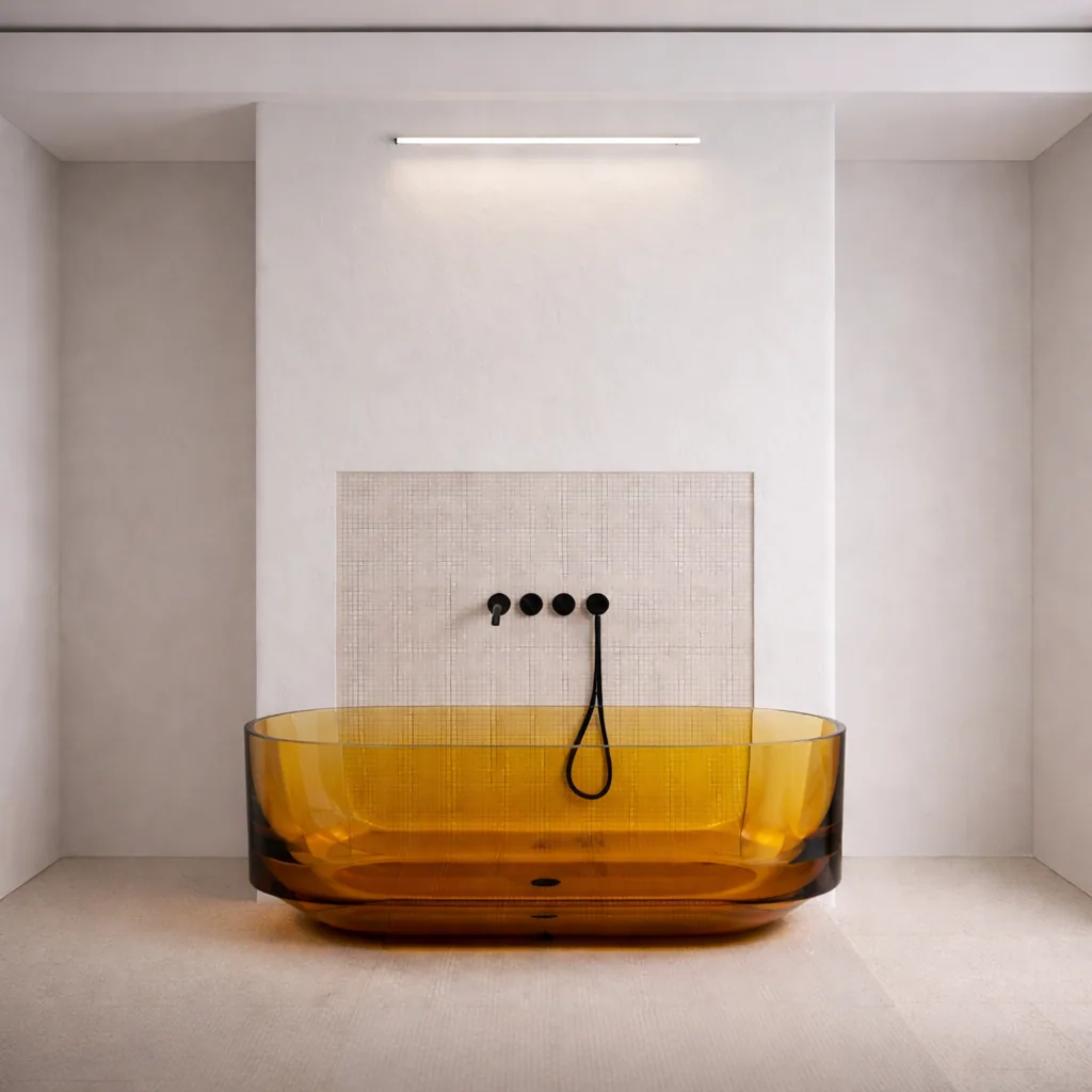 Freestanding amber bath centred beneath a linear wall light
