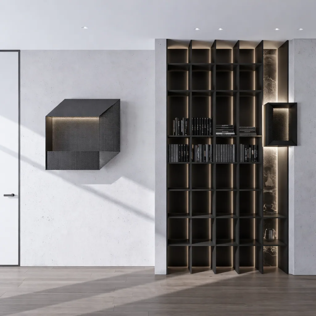 Black shelving and a wall-mounted stone cabinet in a private room