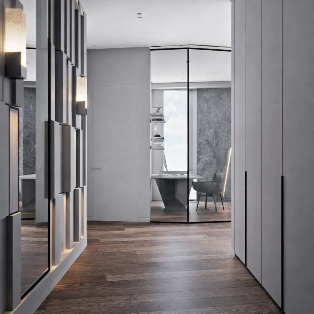 Corridor perspective framed by integrated storage and dark timber flooring