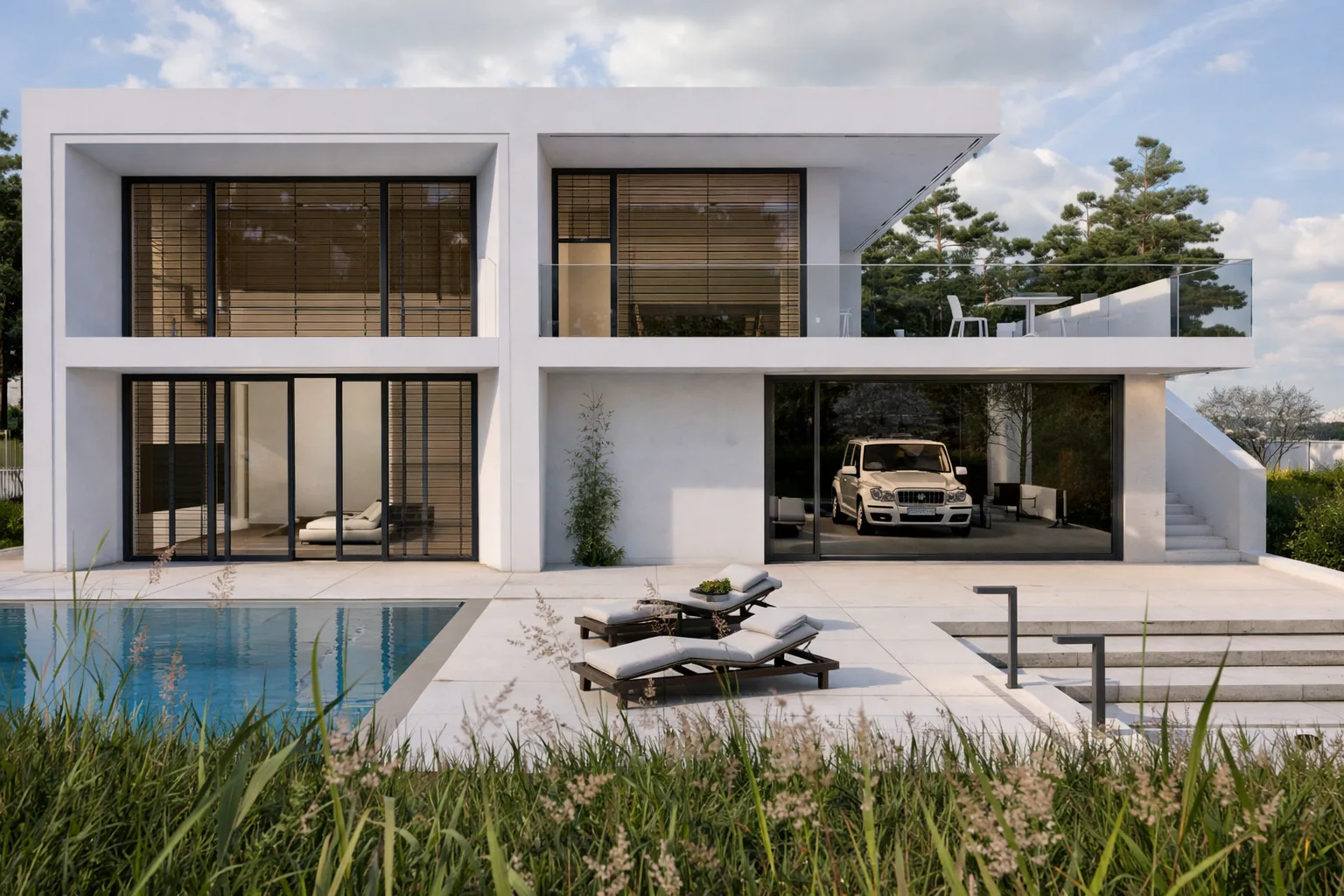 Garden façade with floor-to-ceiling glazing, pool terrace, and open garage