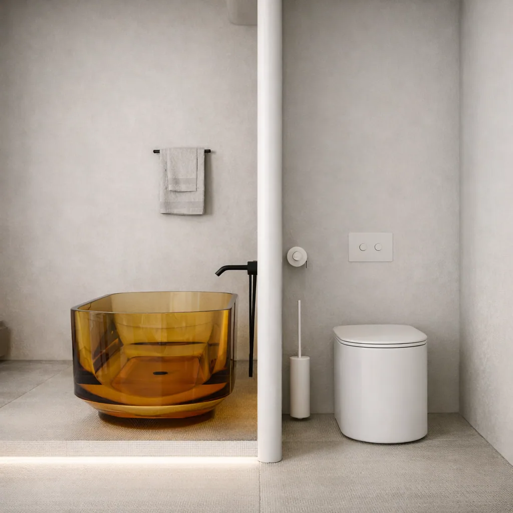 Amber bath and wall-mounted fixtures in the pale bathroom