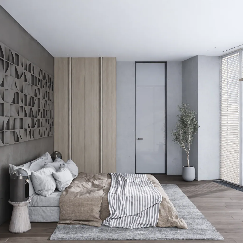 Bedroom view showing timber wardrobes and a restrained grey textile palette