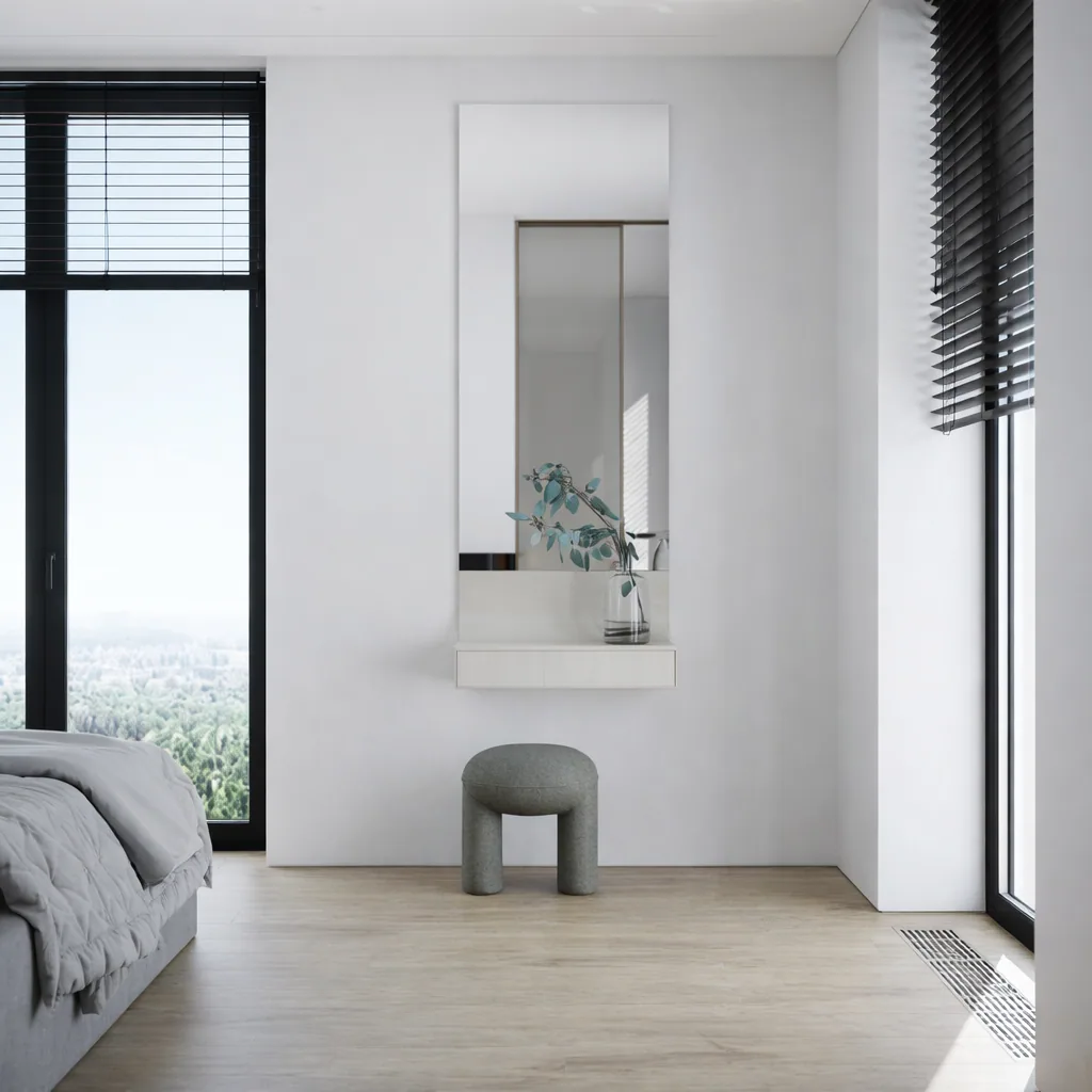 Quiet bedroom corner with a slim mirror, stool, and full-height glazing