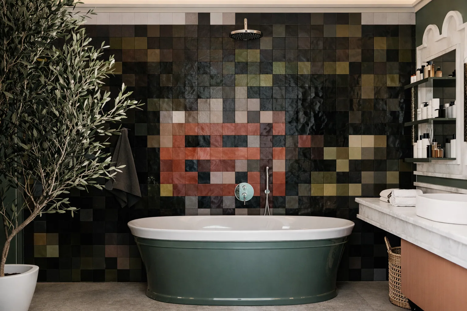 Green bath centred beneath a geometric tile artwork