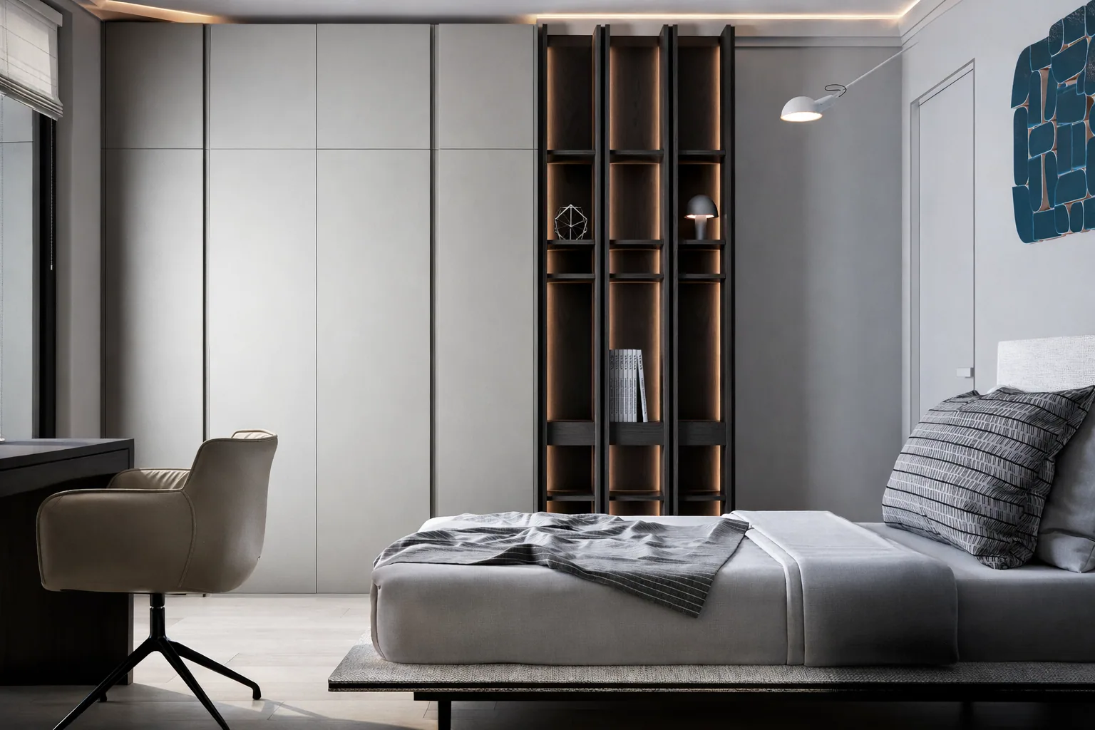 Daybed and desk framed by full-height grey storage