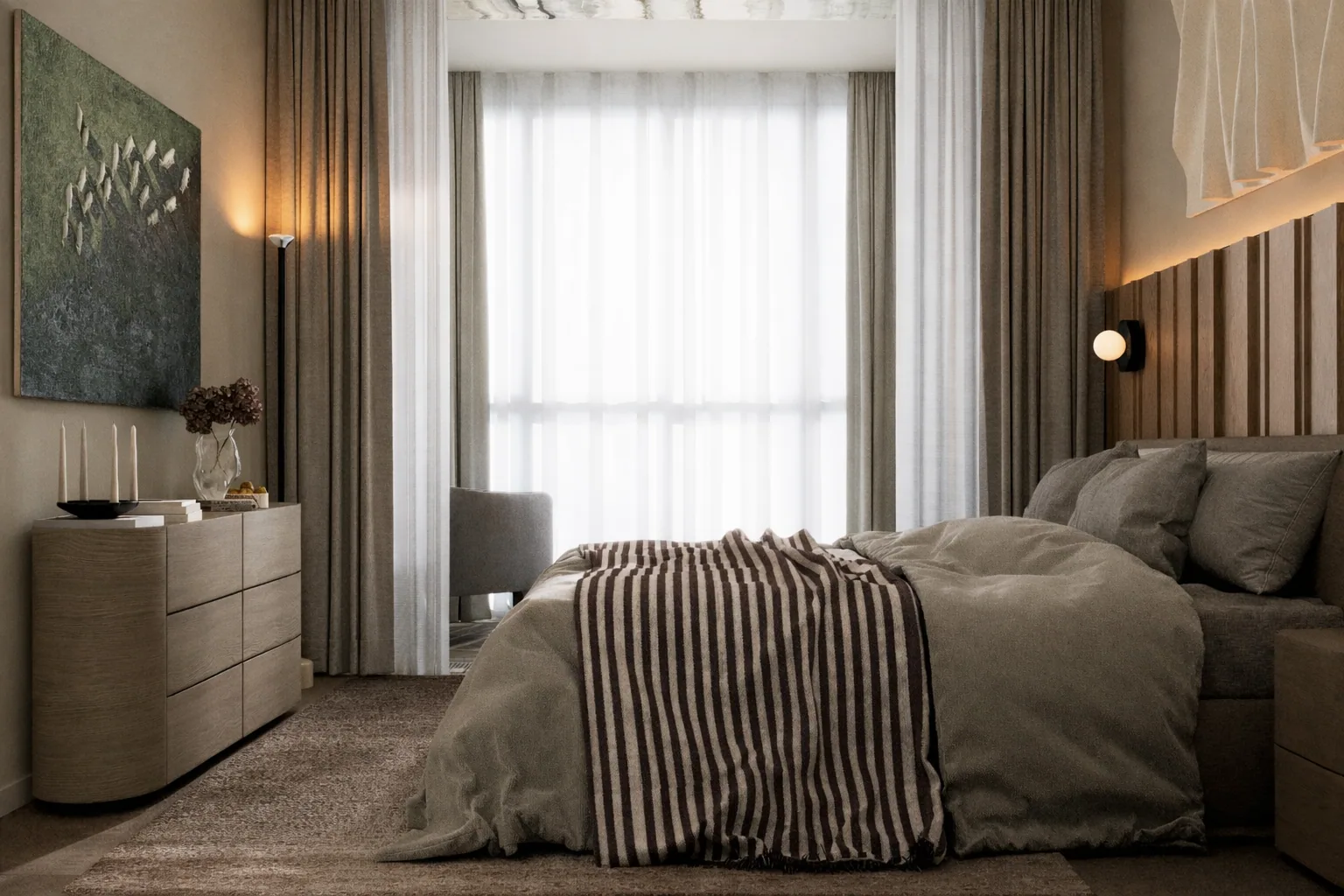 Bedroom with a layered grey bed, timber wall, and soft window light