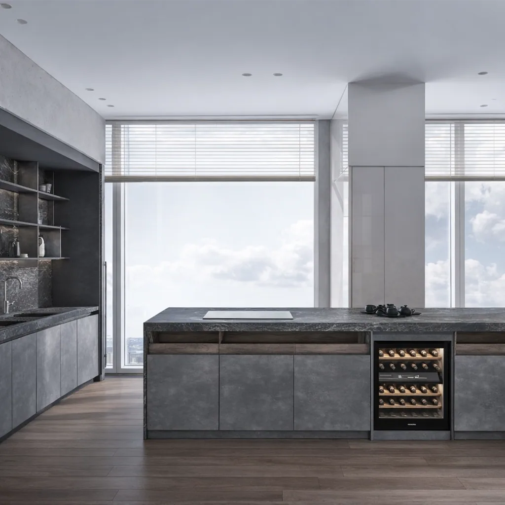 Kitchen island with integrated storage and a backlit display cabinet
