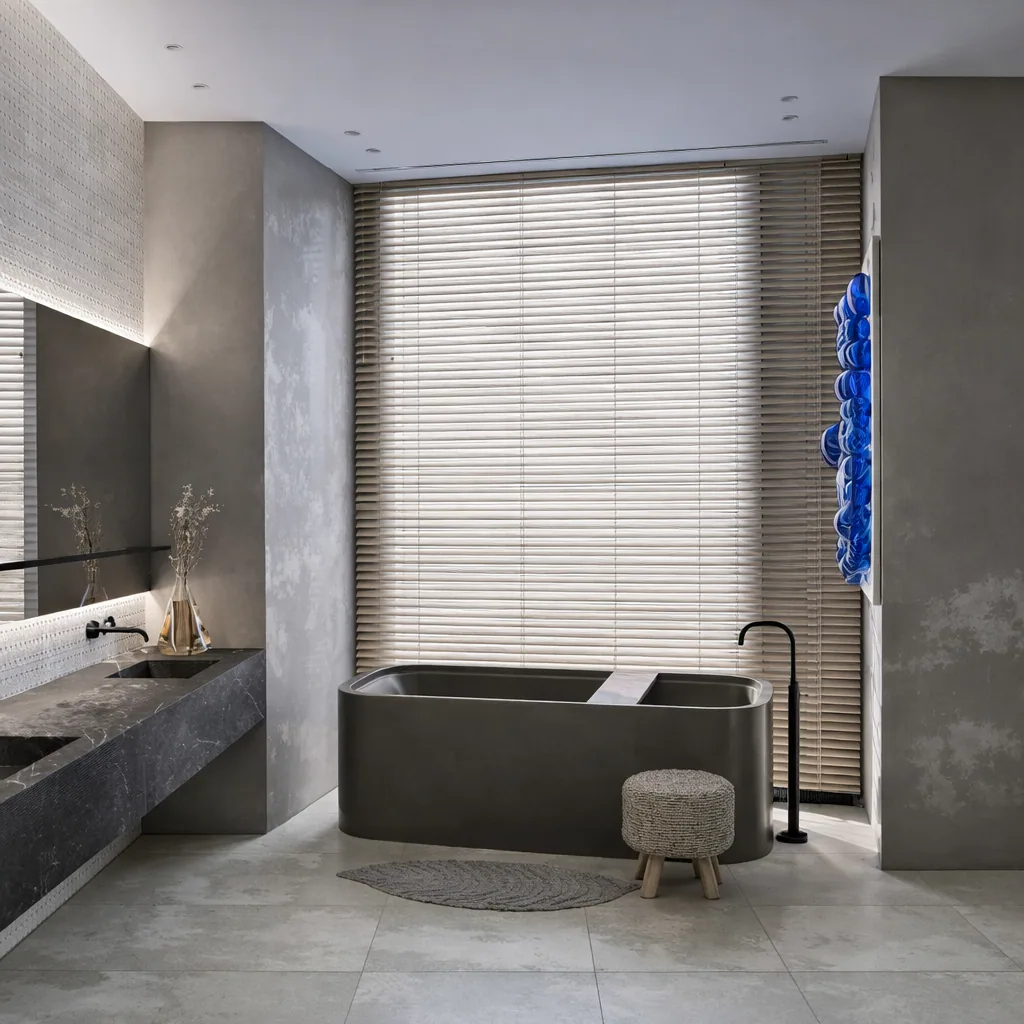 Freestanding dark bath beside a window with a blue glass artwork