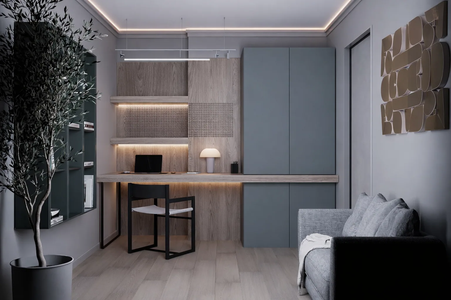 Small bedroom with integrated desk, shelving, and Adriatic daylight