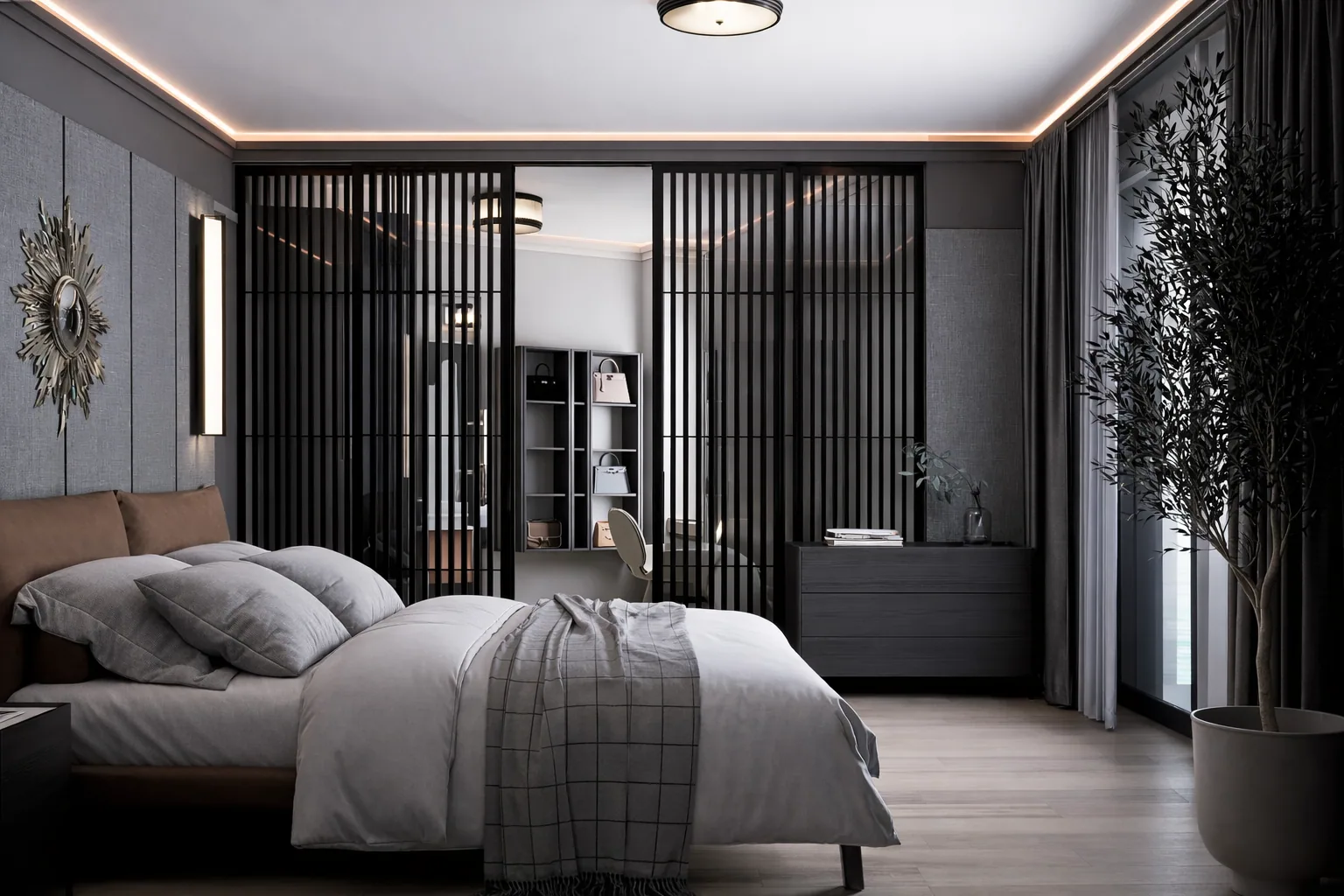 Primary bedroom with black slatted screens and soft perimeter lighting