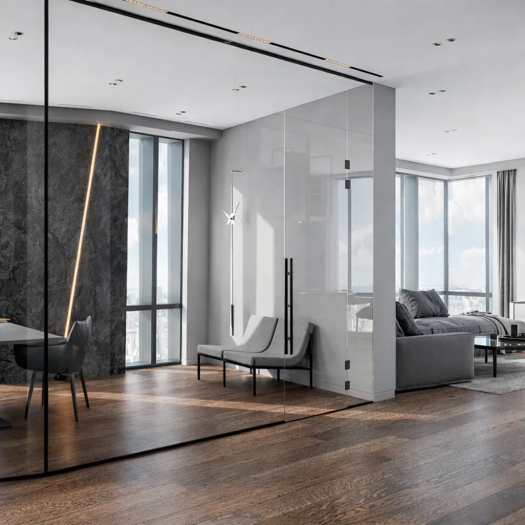 Living room and dining area divided by transparent glass panels