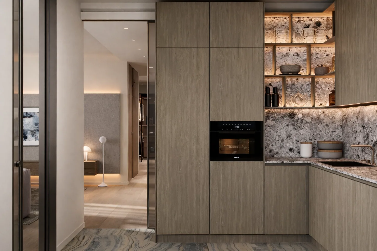 Veneered kitchen volume with a backlit stone display at the apartment entrance