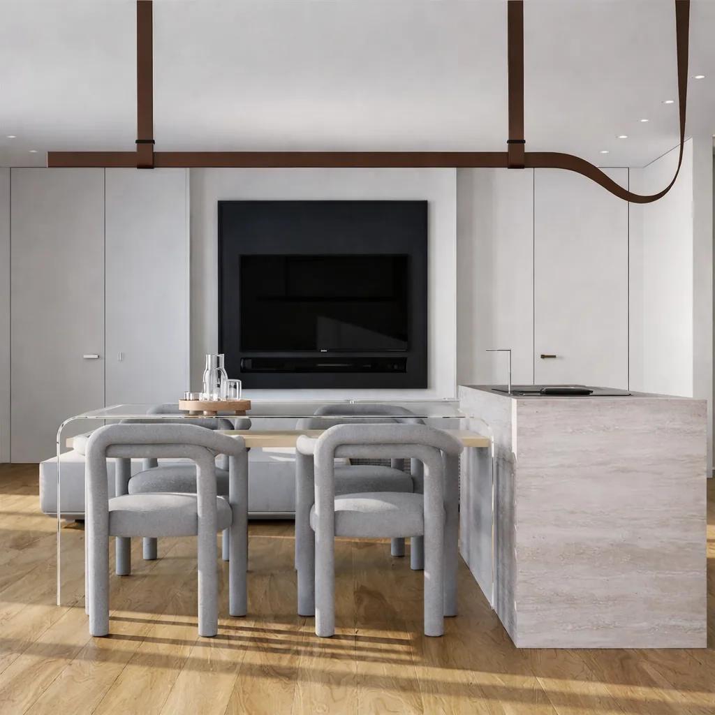 Dining table and pale kitchen beneath a dark sculptural pendant