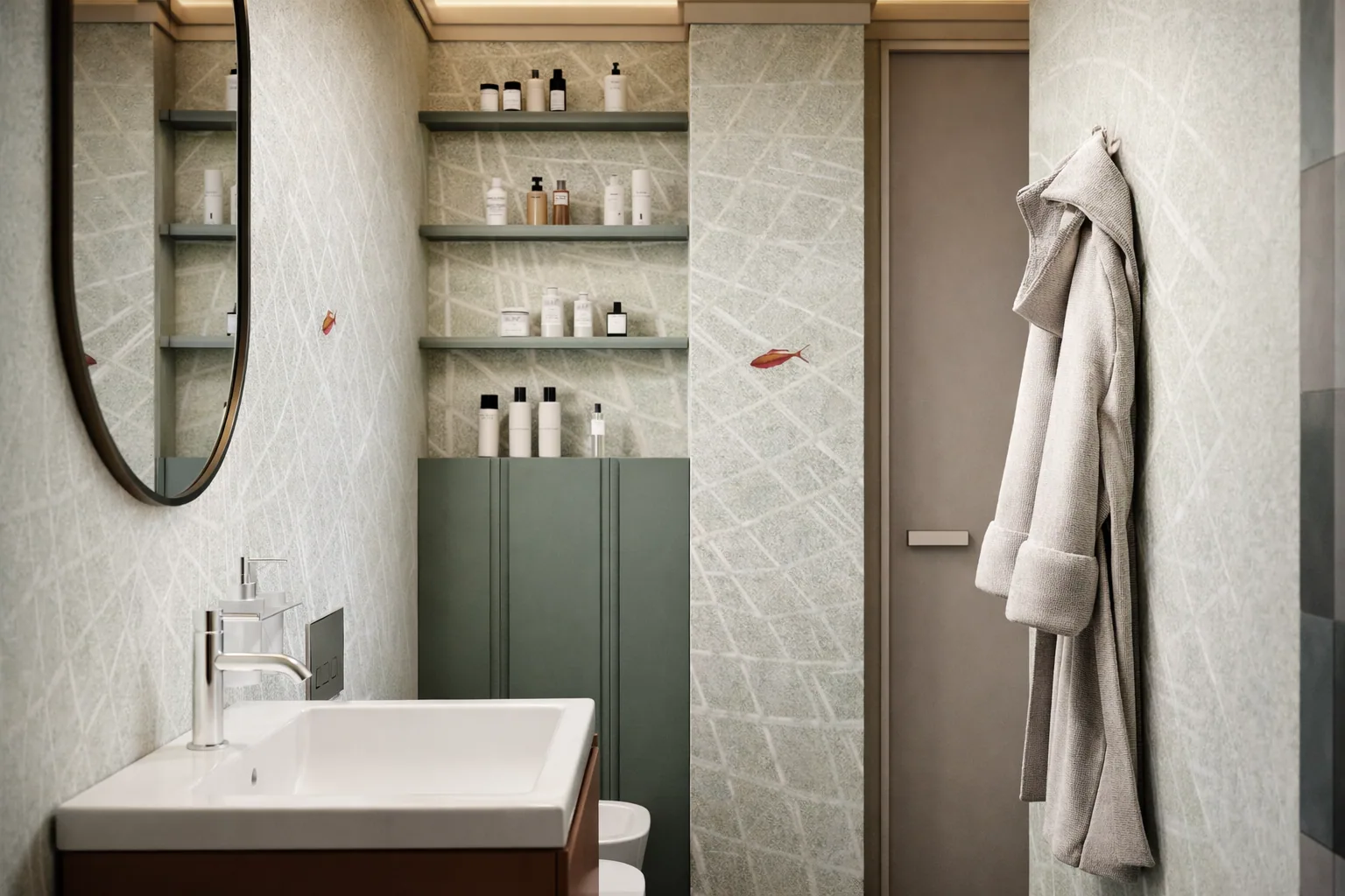 Compact vanity with a softly rounded mirror and green storage niche