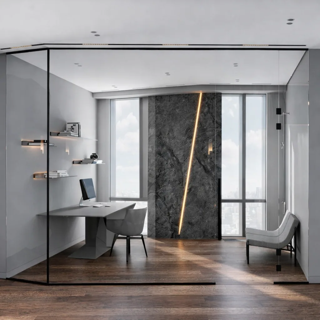 Open dressing and vanity area with a sculptural stone wall panel