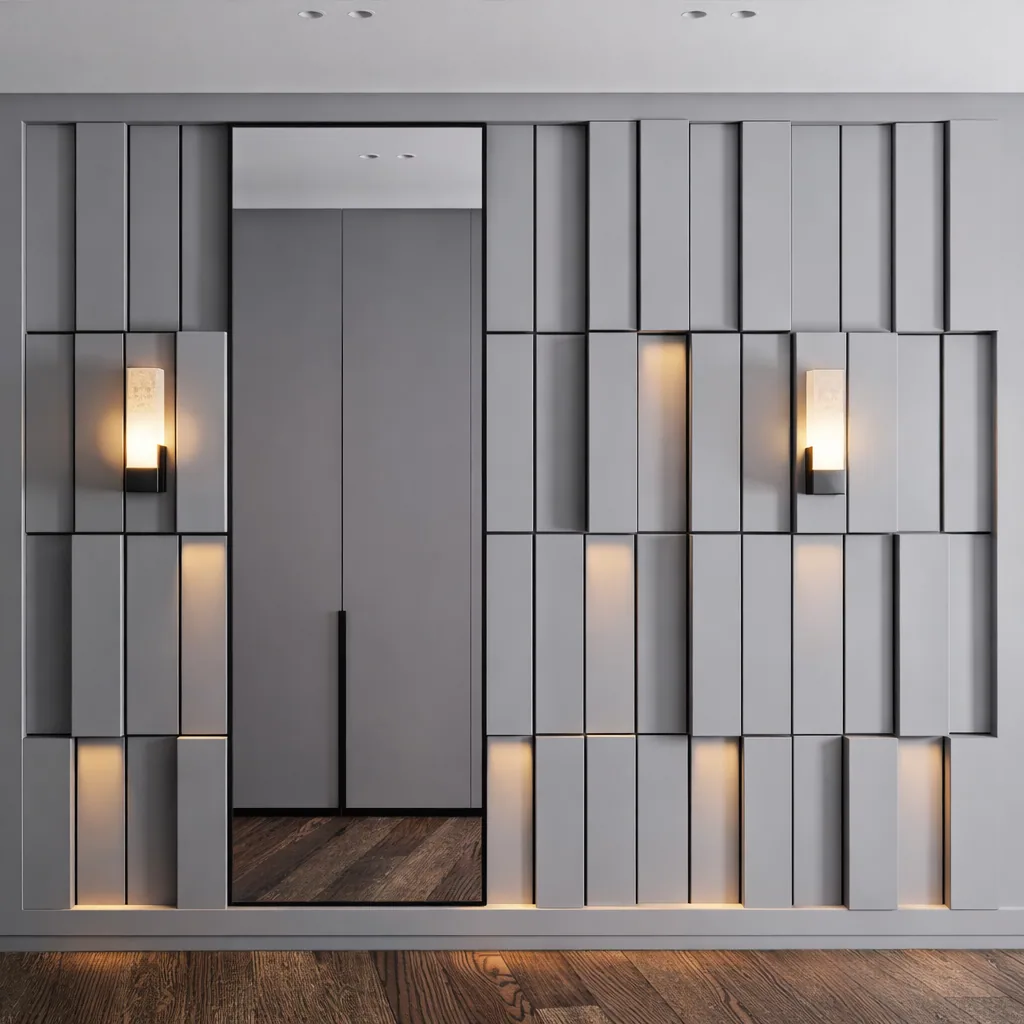 Geometric wall panelling with integrated doors and warm vertical lights