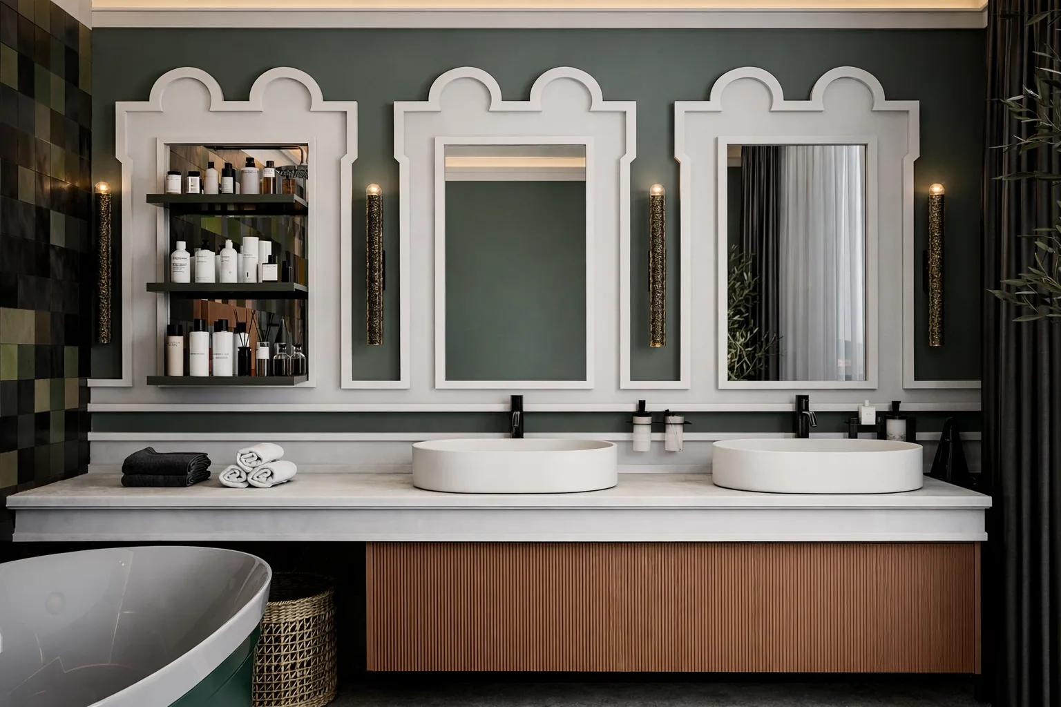 Double vanity with shaped white mirrors and dark green wall tiles