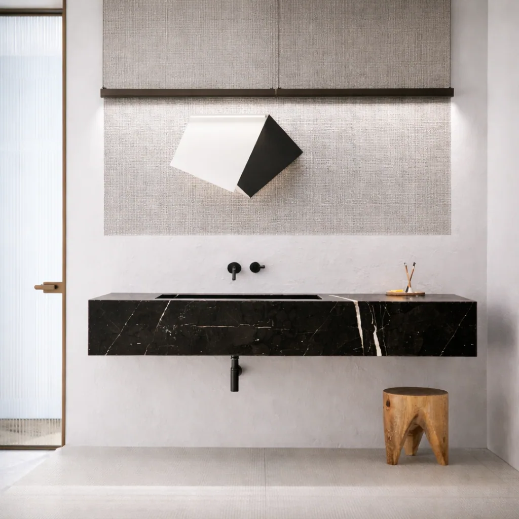 Black stone vanity and angular mirror beside the amber bath