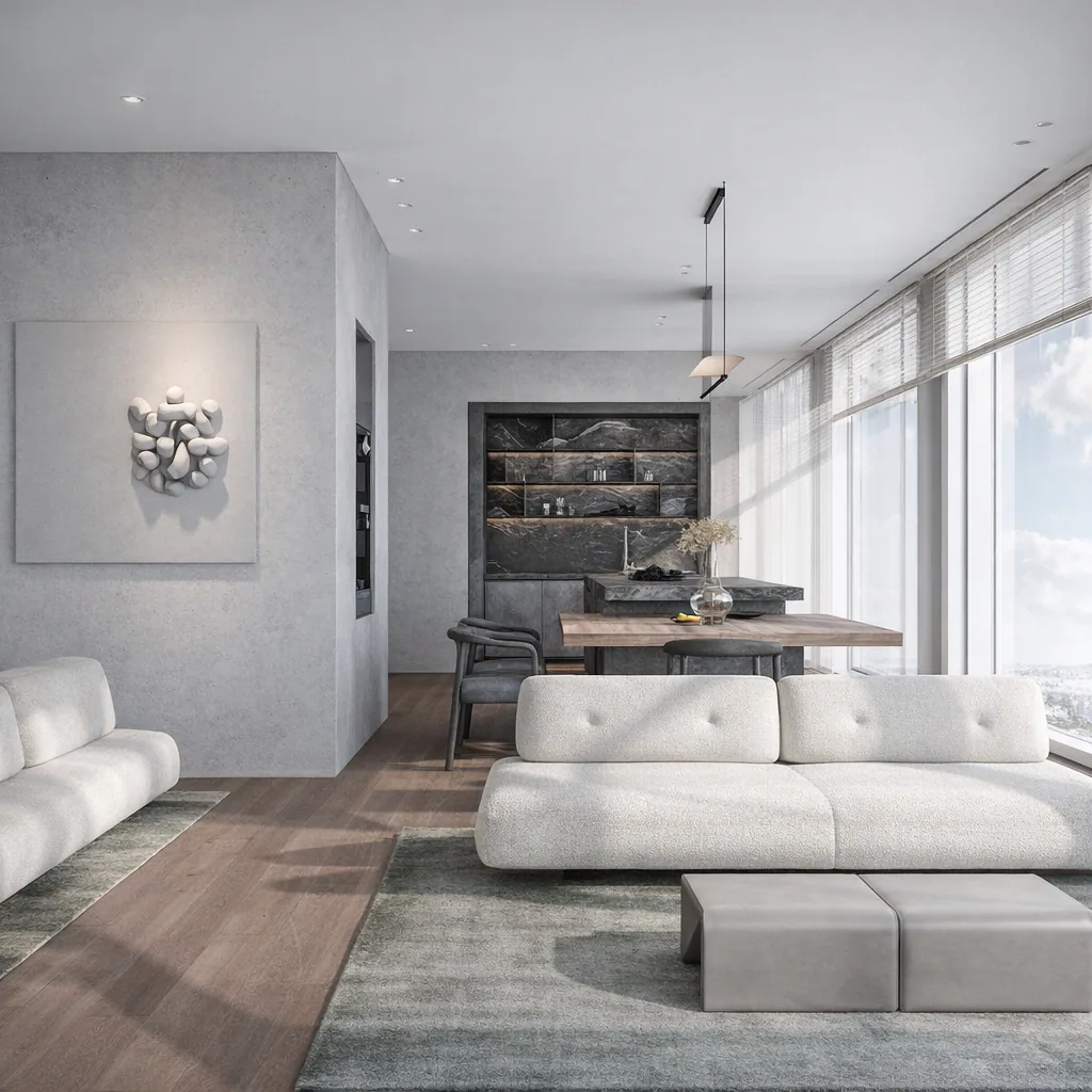 Soft white sofa and low tables facing the panoramic windows
