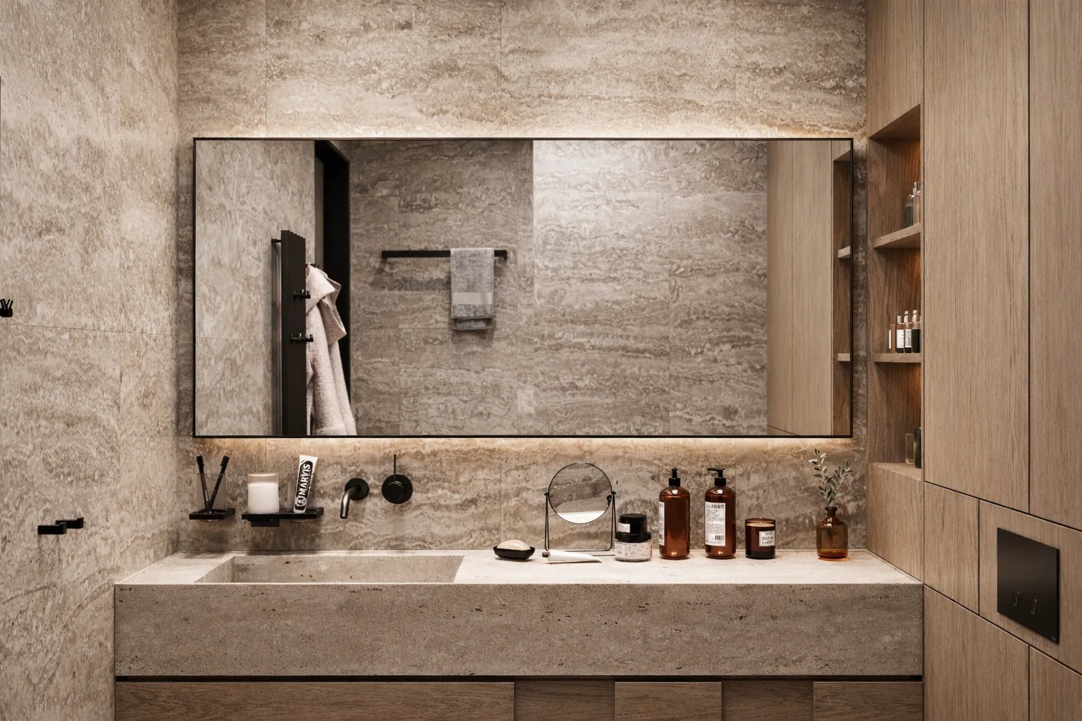 Wide stone vanity with a mirrored cabinet and integrated lighting