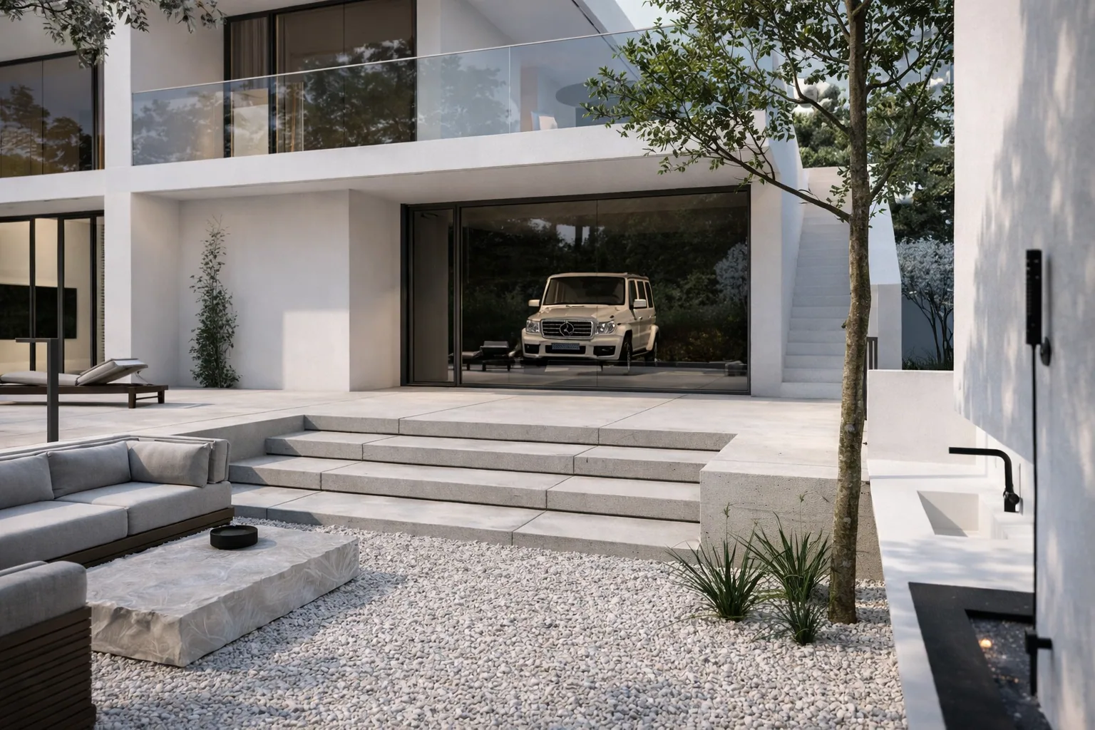Garage courtyard with broad concrete steps and a transparent garage wall