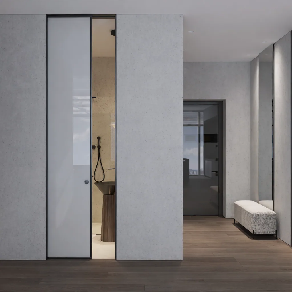 Concealed doorway integrated into pale wall panels beside the bedroom