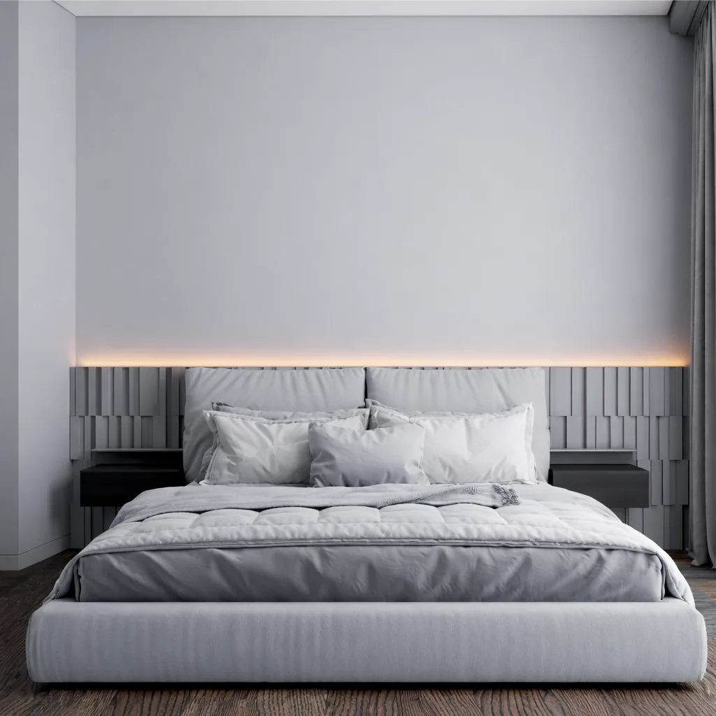 Minimal bedroom with an upholstered bed and a fine horizontal light line