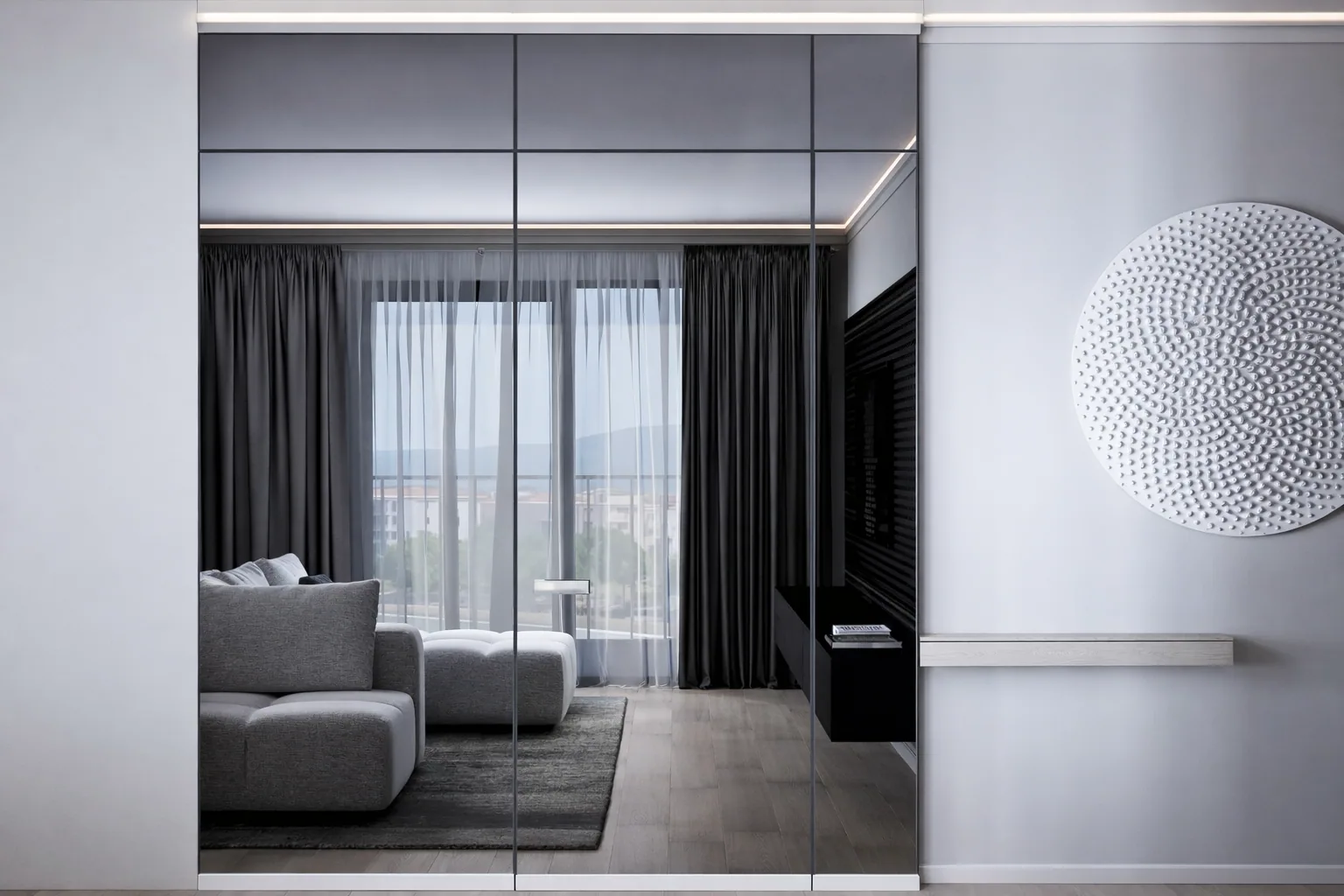 Mirror-panelled doorway reflecting the apartment’s softly lit living room