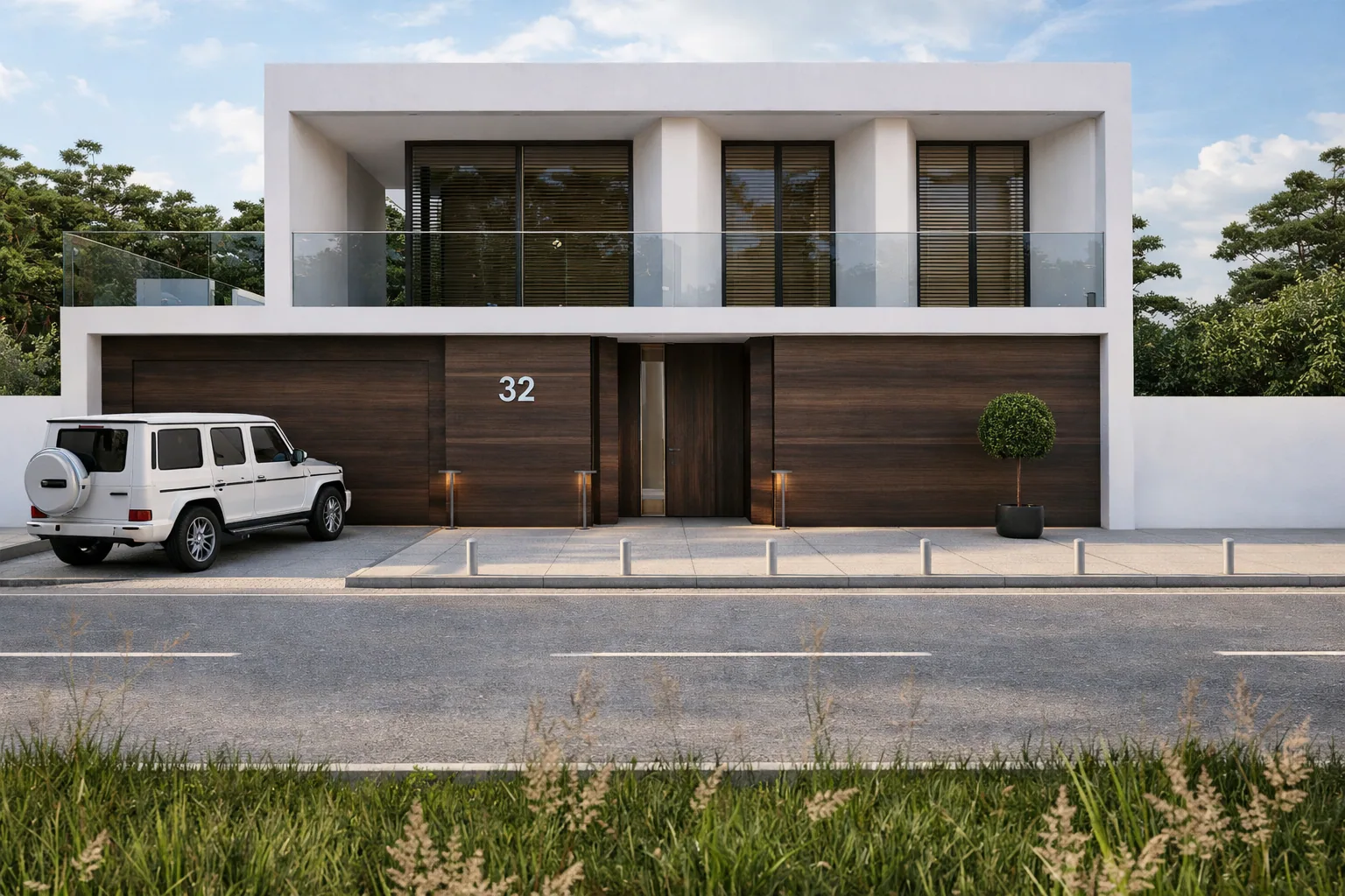 Street façade of the white two-storey house with a dark timber entrance and garage