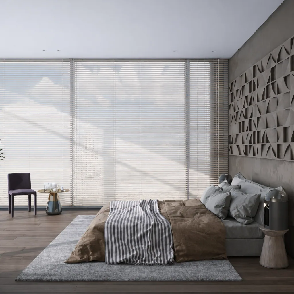 Bedroom with a low upholstered bed, textured feature wall, and panoramic window