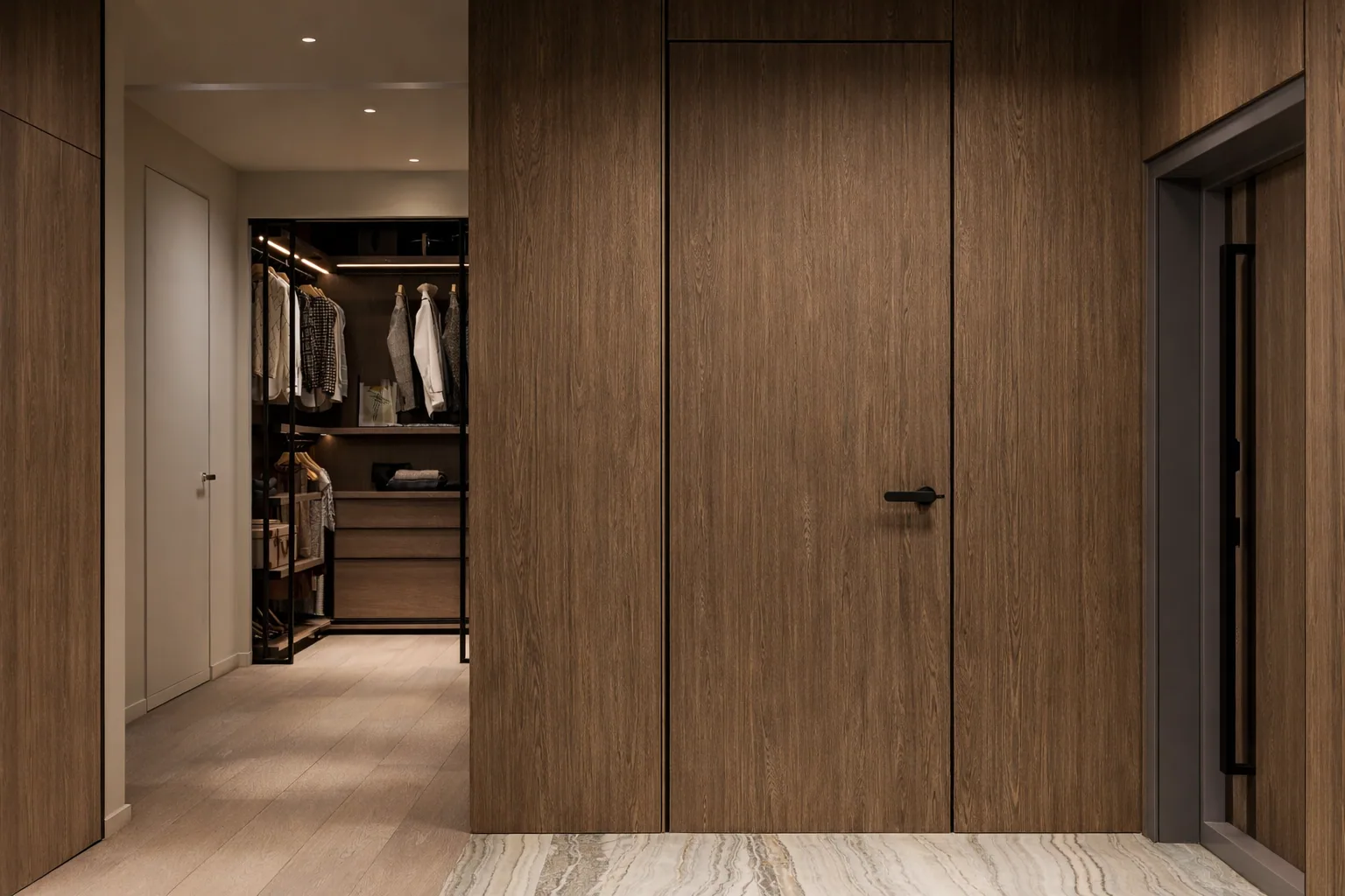 Apartment corridor with flush timber doors and a view into the dressing room