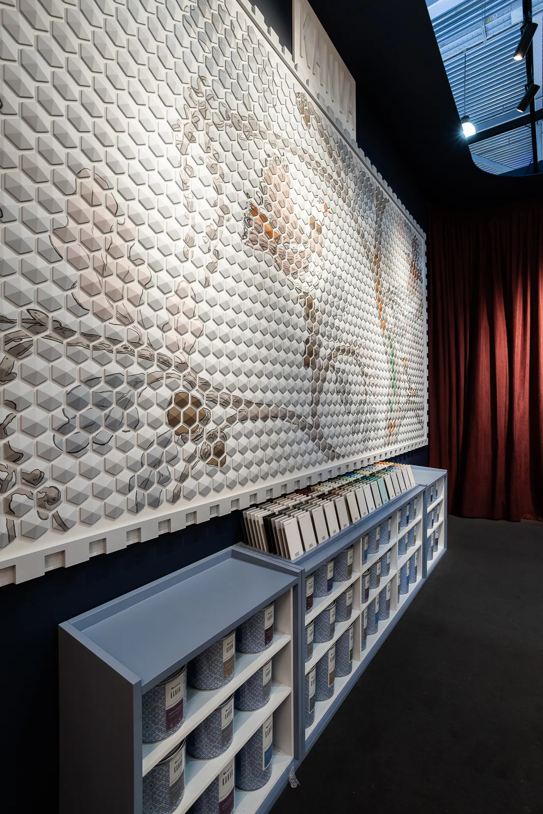 Side view of the large hexagonal KANVA artwork above colour samples